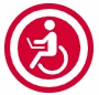 Red circle with white wheelchair icon in the middle