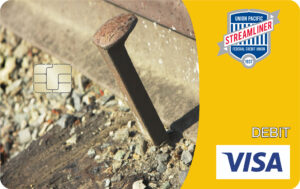 Debit Card with railroad spike on front
